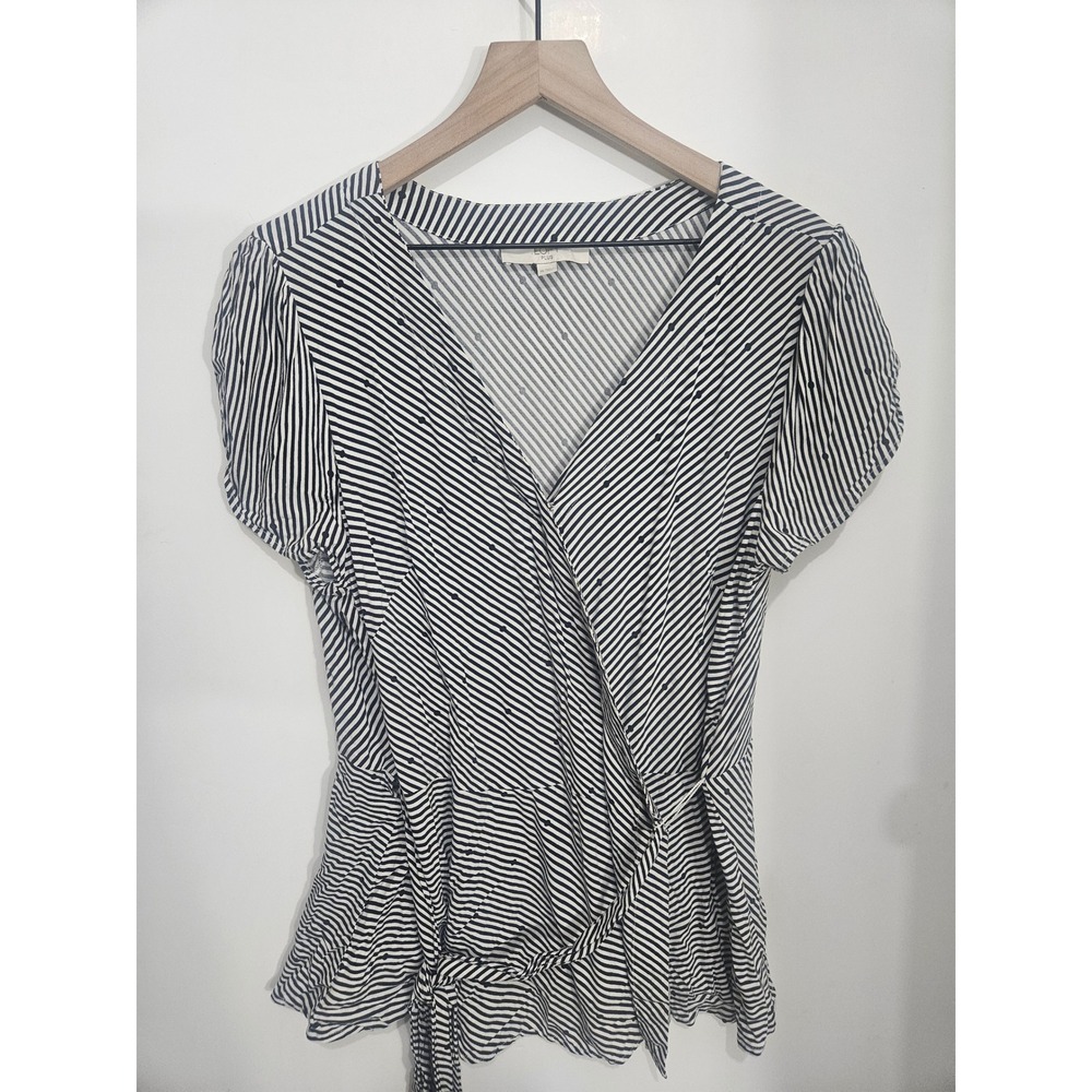 Loft Plus Womens 16 Wrap Top Navy Blue White Striped Polka Dot V-Neck Blouse